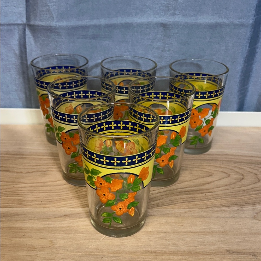 Vintage - Set of 6 Glass with Orange Flower - Marked Morning Star - 4''Tall